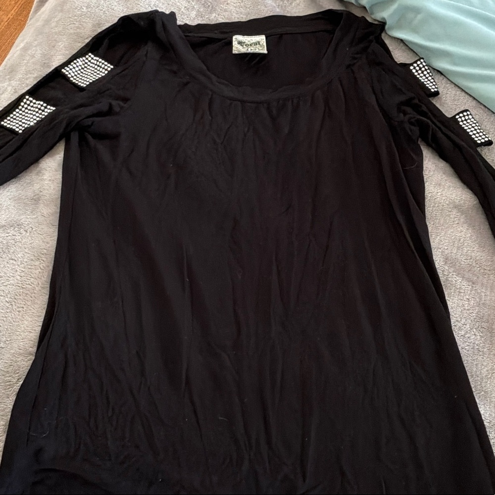 Vocal Black Long Sleeve Scoop Neck Top with Stud Accents